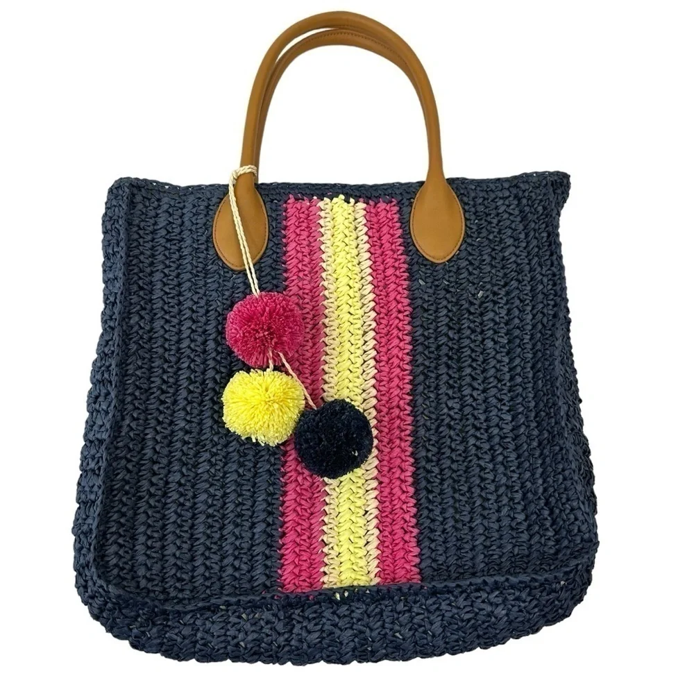 NEW Talbots Navy Stripe Straw Raffia Summer Large Tote Bag